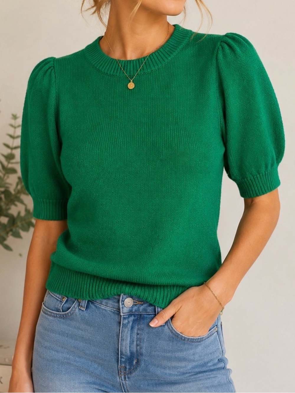 Anthropologie MOTH Connelly Kelly Green Puff Sleeve Sweater, Medium